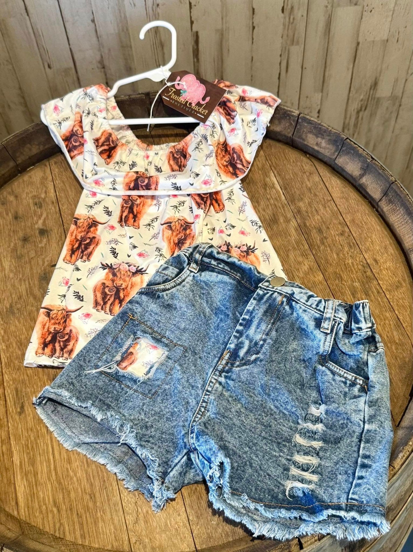 Ms Highland Cow Two Piece Jean Short Set