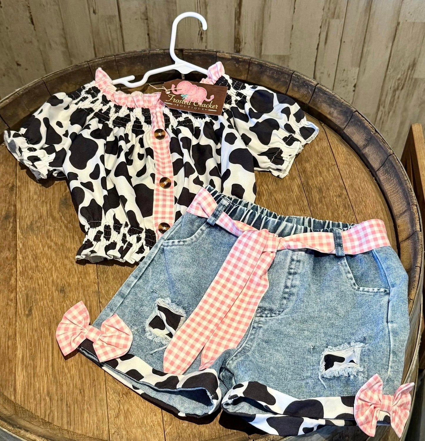 Pink Cow Print Two Piece Jean Short Set