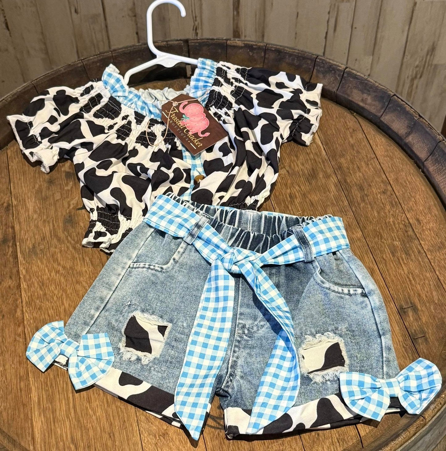 Blue Cow Print Two Piece Jean Short Set